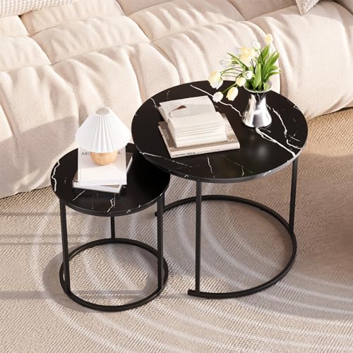 Set of 2 nesting black coffee tables with round marble tops and black metal frames, featuring a modern design perfect for living rooms, bedrooms, and small spaces.