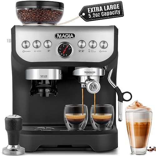 Kitchen Magia Manual Espresso Machine in a modern kitchen setup, featuring a built-in grinder, milk frother, and 15-bar pressure pump, with a 2-liter water tank for easy home brewing. 