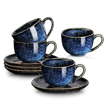 Set of 4 Starry Blue 6.5 oz Ceramic Cappuccino Cups with matching saucers, featuring an ergonomic handle and elegant design, perfect for lattes, tea, and other hot beverages.