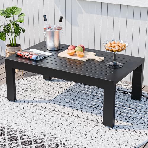 Restland Outdoor Aluminum Coffee Table in black with a sleek, square design and adjustable feet, ideal for patio, garden, balcony, or poolside use.