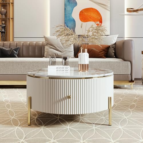 Round White Coffee Table with Marble Top and Gold Legs in a Modern Living Room Setting