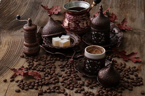 14-piece Turkish coffee set including handmade copper coffee pot, two coffee cups, tray, grinder, coffee beans, and accessories. Ideal for traditional coffee brewing for two.