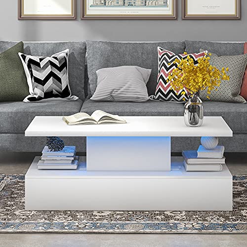 "Modern white coffee table with LED lighting, featuring a high gloss finish and built-in storage. The table includes 16 colors and 4 lighting modes, perfect for contemporary living rooms.