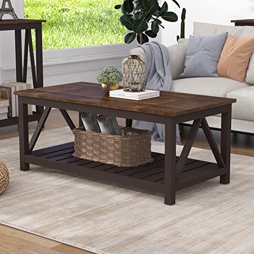 Rustic farmhouse coffee table with two-tone brown and espresso finish, featuring a slatted bottom shelf, perfect for cozy living rooms