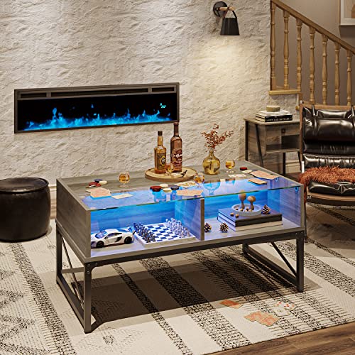 Bestier LED Coffee Table with Glass Top – Modern Wood Center Table with 4 Storage Compartments, 20 Colors & 22 Modes, Ideal for Living Room and Game Night