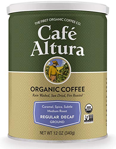 Three 36oz containers of Cafe Altura Organic Decaf Ground Coffee, medium roast, low acid, water decaf process, and packaged in recyclable, eco-friendly containers.