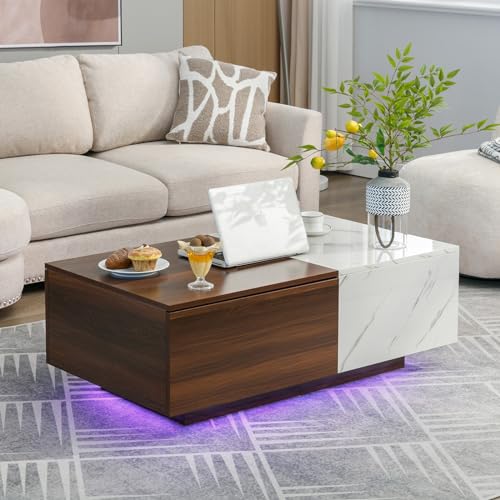 43" LED Marble Coffee Table with Dual-Tone Finish and Storage Drawers in a Modern Living Room