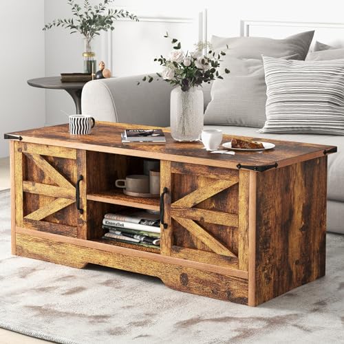 Farmhouse Coffee Table with Barn Doors - Brown Wooden Center Table with Storage for Living Room