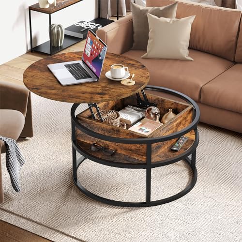 Round lift-top coffee table with hidden storage compartments, rustic brown finish, and sturdy construction, featuring protective pads and easy assembly for living room use.