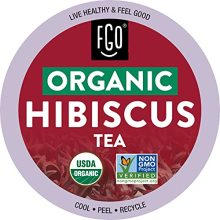 Organic Hibiscus Herbal Tea K-Cup Pods in recyclable packaging, featuring 24 pods compatible with Keurig machines. Naturally caffeine-free with a sweet and tart flavor.