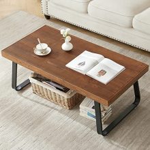 47 Inch Rustic Solid Wood Coffee Table with Metal Legs – Modern Industrial Design for Living Room and Office Use 