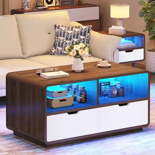 Modern Brown Coffee Table with LED Lights and Storage – Ideal for Living Rooms and Bedrooms, featuring 2 Drawers and 7 Color Options.