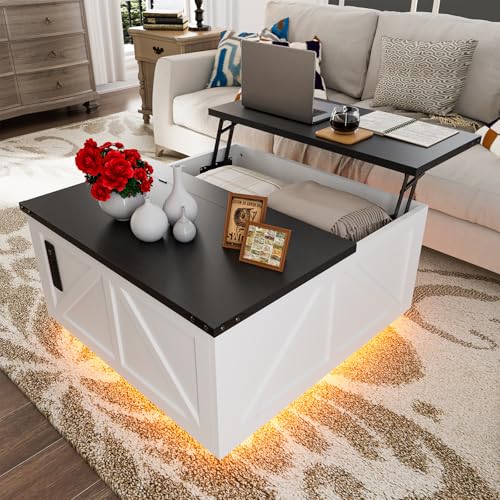 36-Inch Lift Top Coffee Table with LED Lights and Hidden Storage for Modern Living Rooms