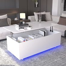 Modern white high gloss LED coffee table with storage compartment and lift top, featuring 20 RGB light colors, perfect for living room décor