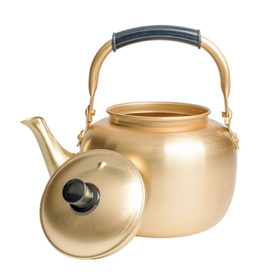 2L Korean aluminum tea kettle with traditional design, featuring a vintage yellow finish and a sturdy handle for easy pouring.