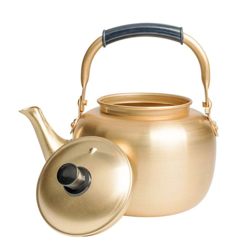 2L Korean aluminum tea kettle with traditional design, featuring a vintage yellow finish and a sturdy handle for easy pouring.