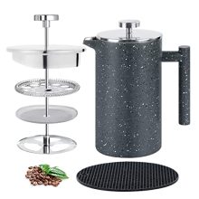 34oz French Press Coffee Maker with double-walled stainless steel construction and 3-layer filtration system, perfect for keeping coffee hot and smooth. Includes a silicone mat for countertop protection, ideal for home, travel, and camping.