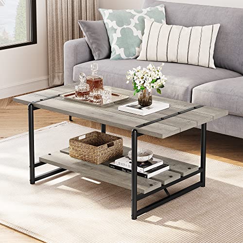 41'' Large Gray Wood Coffee Table with 2-Tier Storage Shelf and Black Metal Frame, perfect for living rooms, home offices, and studios.