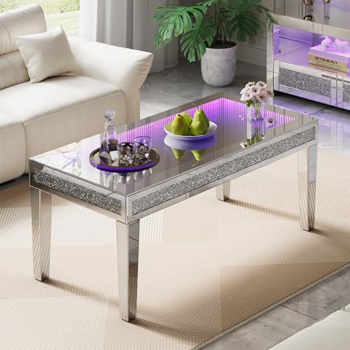 Alohappy Mirrored Coffee Table with 3D LED Light – Silver Glass Rectangle Coffee Table for Living Room and Game Room with Multicolor Lighting