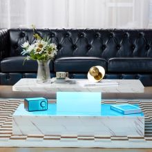 White coffee table with LED lights and marble grain wood surface, featuring a high-gloss finish and two-tier storage, perfect for modern living rooms