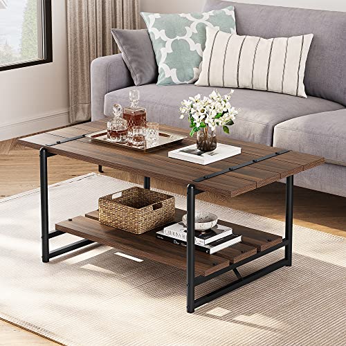 Industrial 2-tier wood and metal coffee table with brown walnut finish and spacious storage shelf, perfect for modern living rooms.