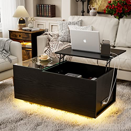 Modern IKIFLY Lift Top Coffee Table with LED lights and charging station, featuring a black glass top