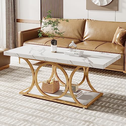 7.24-Inch Modern Rectangle Coffee Table with White Faux Marble Top and Gold Geometric Metal Legs – Stylish and Functional 2-Tier Design