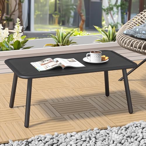 Small black metal outdoor side coffee table with woodgrain finish, perfect for patio, garden, or balcony use