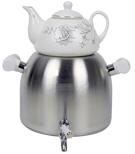 Elegant large-capacity Iranian samovar with stainless steel kettle and handcrafted porcelain teapot, featuring a built-in faucet for easy tea dispensing.