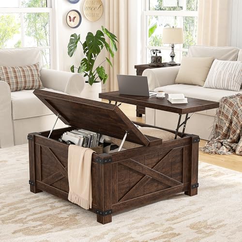 Rustic farmhouse lift-top coffee table in brown wood with hidden storage compartment and metal corner accents, ideal for living rooms