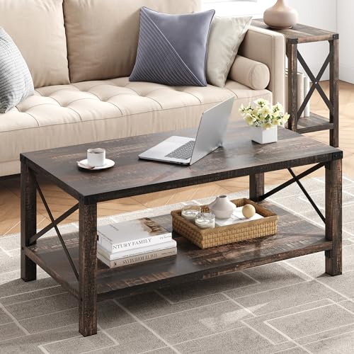 Rustic 2-tier coffee table with a vintage wood look and sturdy X metal frame, featuring ample storage and stylish design for living room or study.