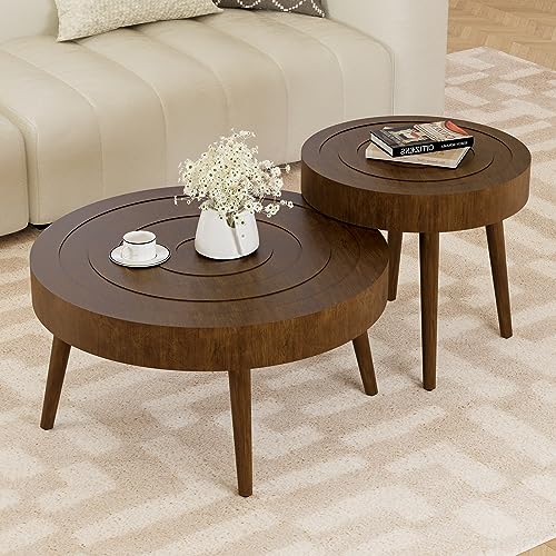 Modern HOMPUS Nesting Coffee Tables with wood grain finish, featuring a handcrafted ring pattern, round design, and solid wood legs