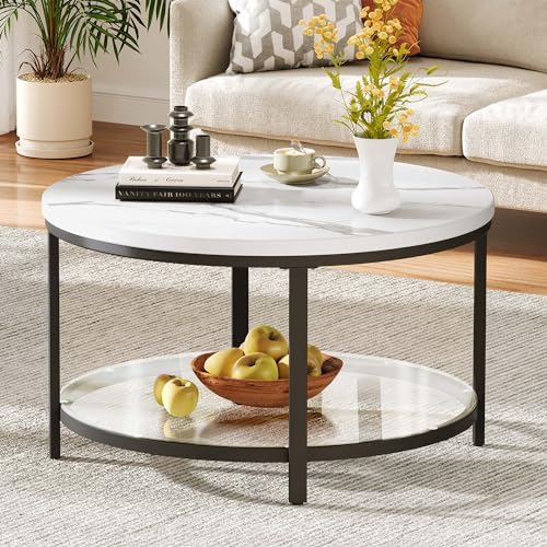 Round black coffee table with a white marble tabletop and tempered glass storage shelf, featuring a modern design with a black metal frame, ideal for contemporary living rooms