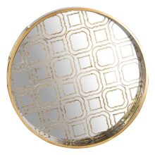 Elegant gold decorative tray with a marble mirrored bottom, perfect for organizing perfumes, jewelry, and accessories on a coffee table or vanity