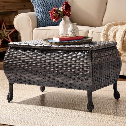 Gardenbee Outdoor Storage Table – Black Round Faux Marble Coffee Table with Spacious Storage for Patio and Garden