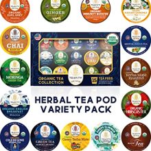 Teavity Organic Tea Pods Variety Pack featuring Earl Grey, English Breakfast, Chai, and Chamomile flavors, compatible with Keurig brewers.