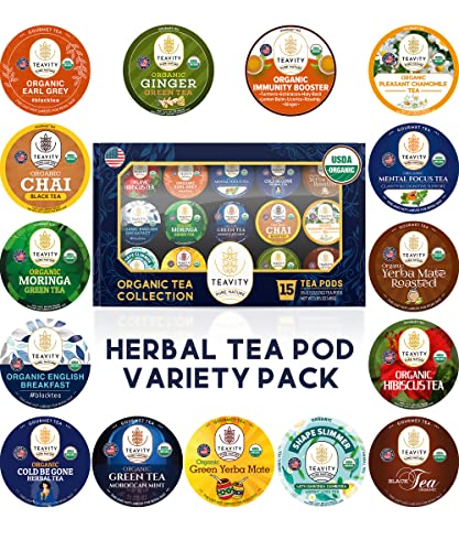 Teavity Organic Tea Pods Variety Pack featuring Earl Grey, English Breakfast, Chai, and Chamomile flavors, compatible with Keurig brewers.