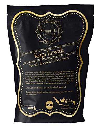 Shangri-La Wild Kopi Luwak Coffee Whole Beans – 250 grams of ethically sourced, premium coffee beans from Indonesia with rich caramel and chocolate notes