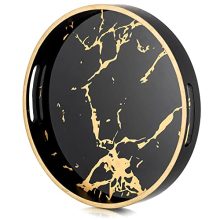 Round decorative coffee tray with black marble pattern and gold edge, featuring gold polished metal handles. Ideal for serving drinks, displaying decor, and organizing items. Perfect for living rooms, kitchens, and parties