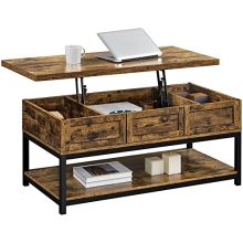 Rustic brown lift top coffee table with hidden storage compartments and bottom shelf, featuring a modern industrial design, set in a cozy living room 