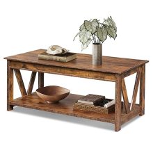 Rustic brown coffee table with V-shaped frame and storage shelf, perfect for adding farmhouse charm to living rooms, bedrooms, and offices.