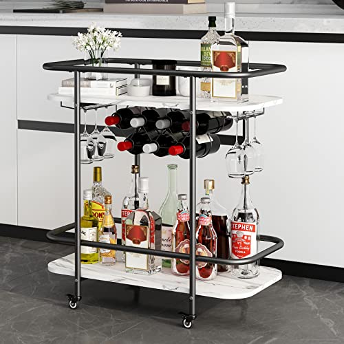 Elegant black home bar cart with white marble wood shelves and gold metal frame, featuring a wine rack and glass holder. Ideal for serving drinks and organizing beverages