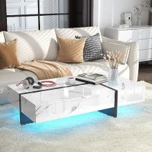 Modern 47-Inch LED Coffee Table with Storage Drawers, High-Gloss White Marble and Deep Black Design, Perfect for Living Room 