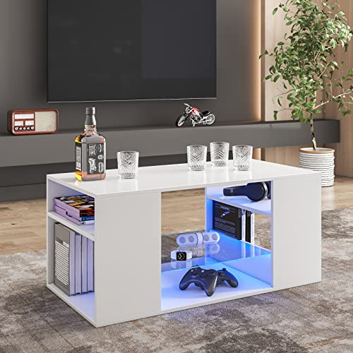 Modern white coffee table with LED lights, featuring glass shelves and a high gloss finish. The table includes 16 color options and multiple lighting modes, perfect for contemporary living rooms.