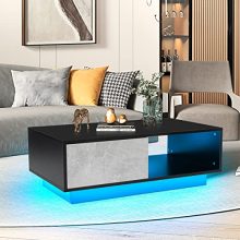 Modern Grey LED Coffee Table with High Gloss Finish – Compact 13" Tall Center Table with RGB Lighting and Storage for Small Spaces