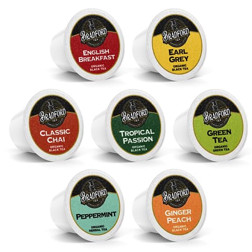 Bradford Organic Tea Pods for Keurig Brewers – 96 Count, featuring 7 unique blends including English Breakfast, Green Tea