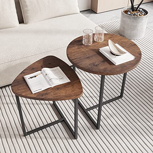 Black coffee table set with metal frame and wood top, featuring a large round table and a smaller triangle table, ideal for modern living rooms and small spaces.