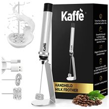 Rechargeable milk frother with blue and stainless steel design, featuring dual whisks and a 12,000 RPM motor for quick and easy frothing of coffee, lattes, and more.