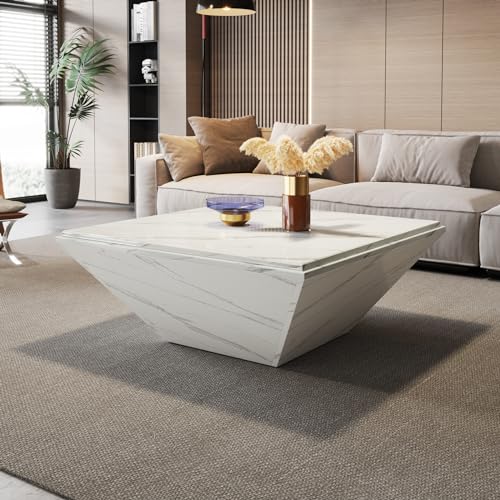 Modern 35.43-inch square coffee table with faux marble top and engineered wood frame, designed for contemporary living rooms