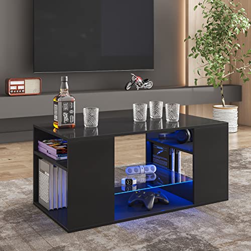 Modern Black Coffee Table with LED Lights – High Gloss Finish, 16-Color Options, and Ample Storage for Living Room or Office